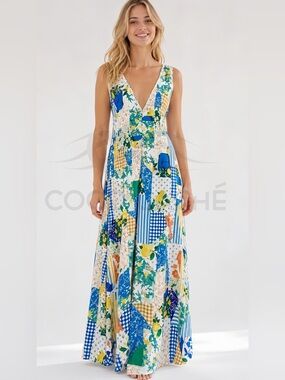 Classy Bohemian Lemon Patchwork Linen Blend Maxi Dress